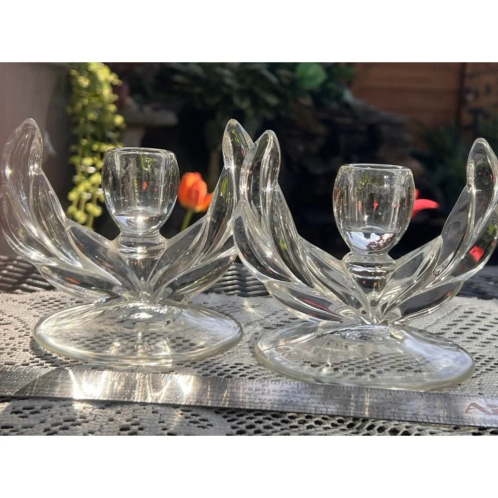 1960s Vintage Glass Lotus Candle Holders Pair Mid Century  Wheat Sheaf/winged